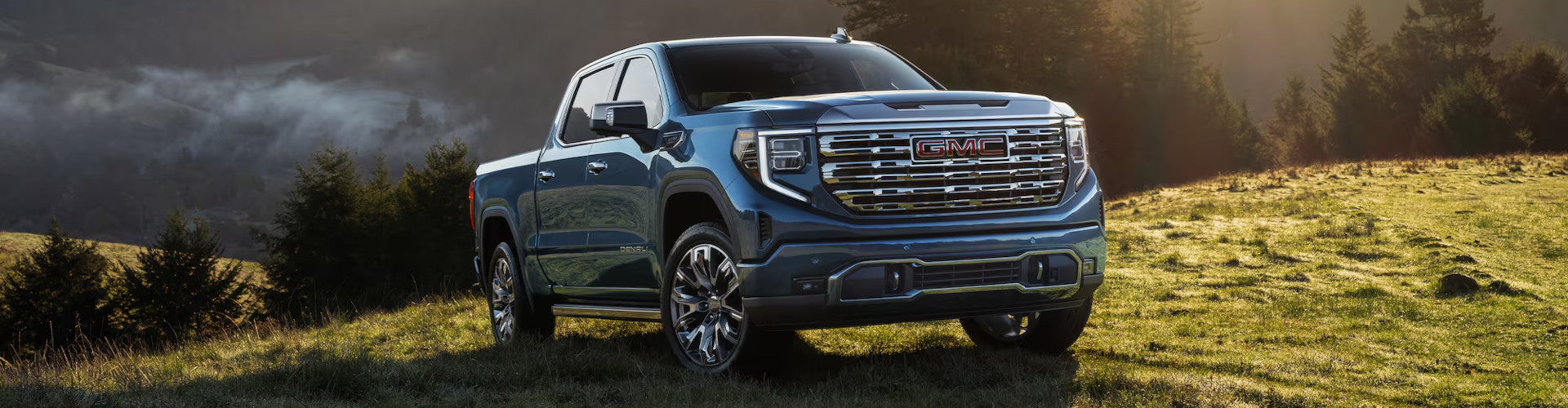 Blue GMC pickup truck parked on grassy field with forest and misty mountains in the background at sunset.